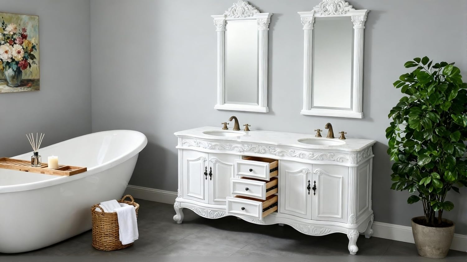 Benton Collection 64” Beckham Antique White Double Sink Bathroom Vanity with 2 Mirrors CF-3882W-AW-64-MIR-MIR