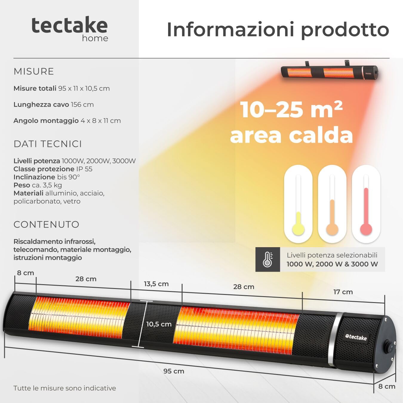 Tectake Radiatore a Infrarossi 3000W, Alluminio, Inclinabile, Telecomando, Nero