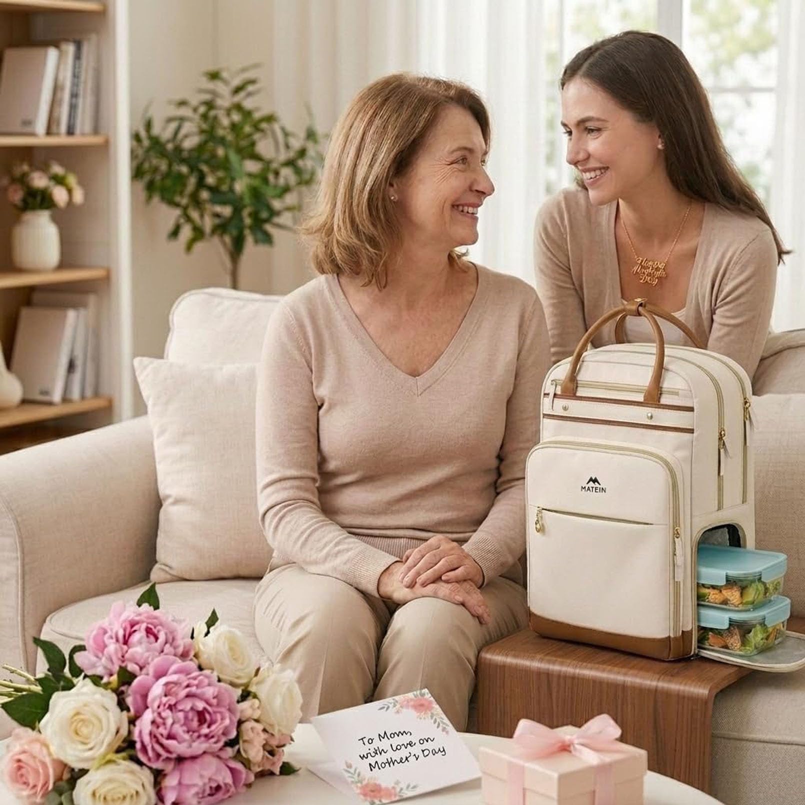 MATEIN Zaino Lavoro Donna per Insegnanti con Borsa Pranzo Rimovibile, Zaino Porta PC 15.6 Pollici, Zaini Scuola per Donna e Docenti, per Viaggio Aereo, Università, Ufficio, Beige