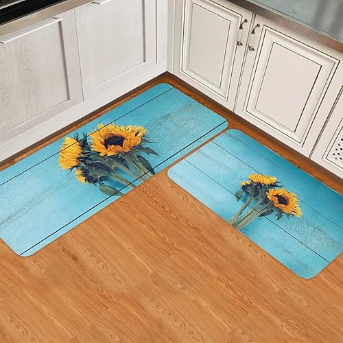 Juego de 2 tapetes de cocina con diseño de girasoles, cómodos y suaves para granja, alfombras de cocina y pasillo, tablero de madera azul