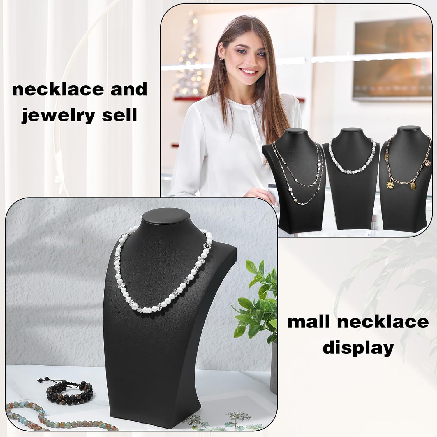3 Pcs PU Leather Necklace Stand Display, Black Bust Jewelry Stand for Necklaces- Professional Necklace Holder Display with Wood Base for Retail Store, Trade Show, Home Decor (11.42" x 3.94" x 6.89") - Image 7