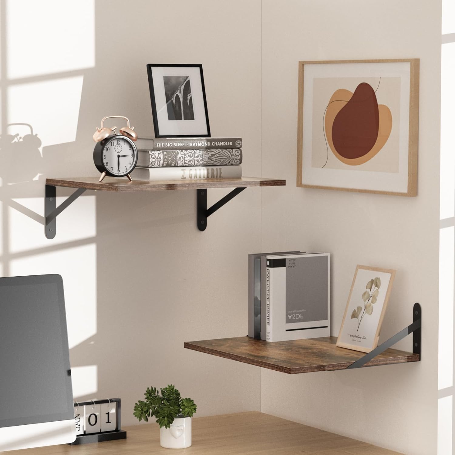 Deep Floating Shelves for Wall, 16W x 12D Wood Shelves Set of 2, Rustic Wood Floating Shelves, Wall Mounted Hanging Shelf for Living Room, Kitchen, Office, Bathroom and Bedroom Decor