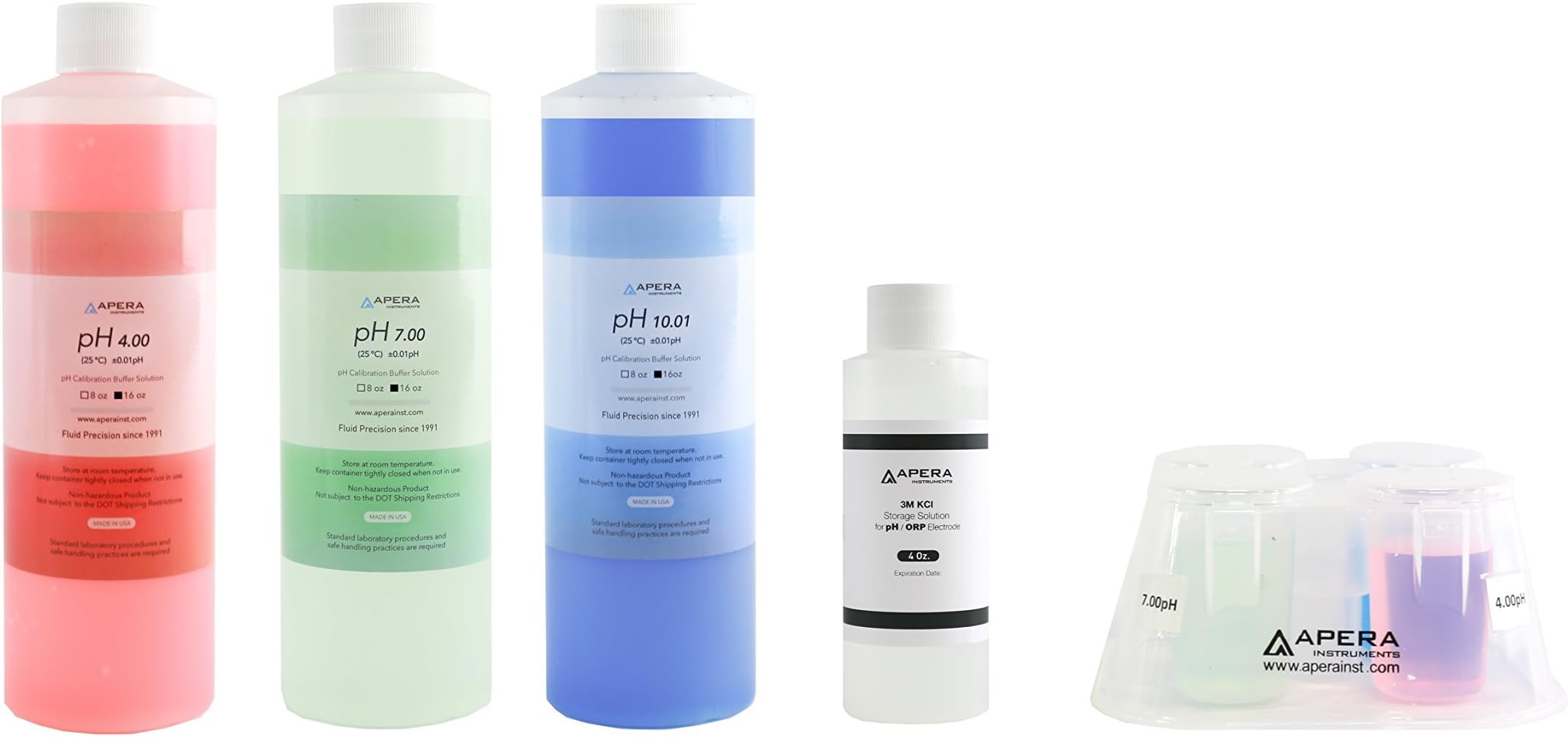16oz. pH Calibration Buffer Solution Kit (pH 4.00, 7.00 & 10.01), plus 3M KCL Storage Solution and CalBox