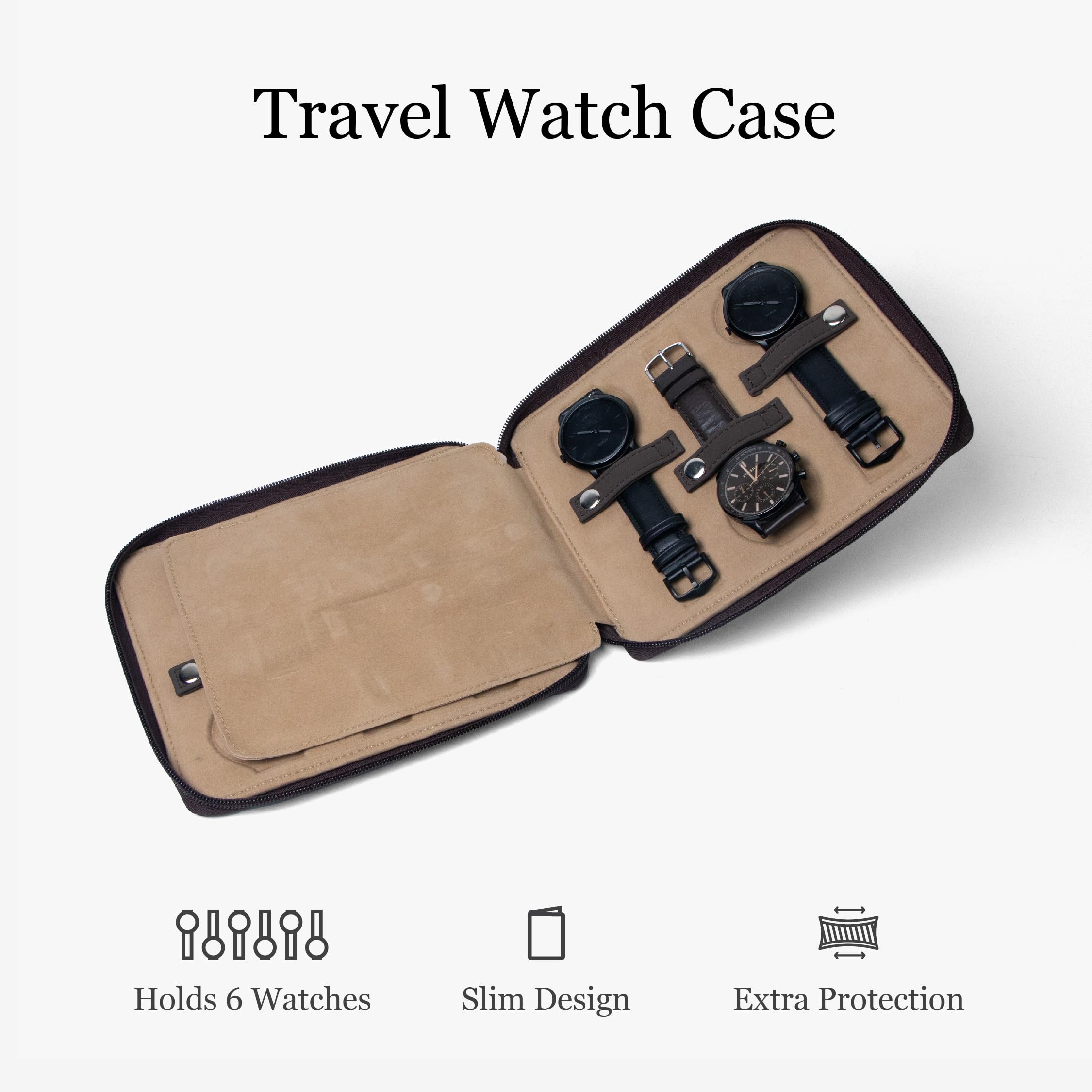 Bellblock Custodia per orologi da viaggio di alta qualità per uomo/donna, 6 scomparti con interno antigraffio, elegante e portatile, in pelle vegana, marrone