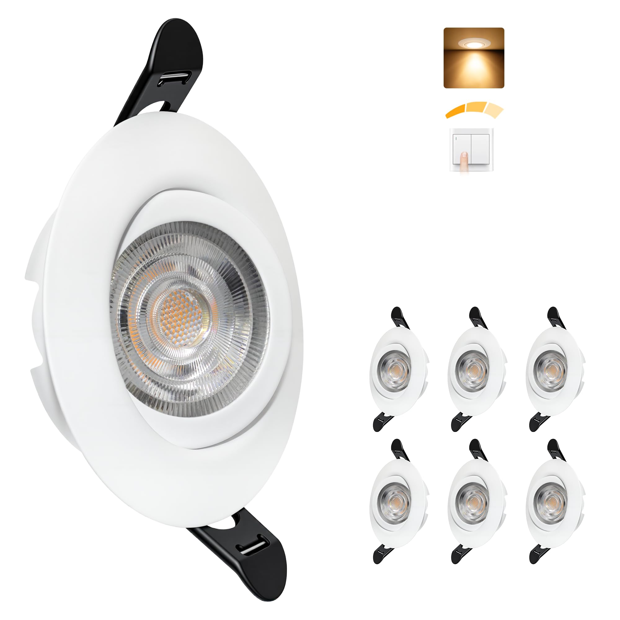 Downlight LED Techo Empotrable Regulable 230V, 5.5W 600LM IP44 Ojos de Buey Ultrafino 68mm, 45° Rotable Focos LED Interior Techo Blanco Calido 2700K Foco Empotrable para Baños, Blanco 6 Pack