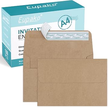 Eupako A4 Brown Photo Envelopes 4x6, 100 Pack Self Seal Envelopes for 4x6 Cards, Photos, Invitations, Wedding, Graduation, Baby Shower, 4.25 x 6.25 Inches