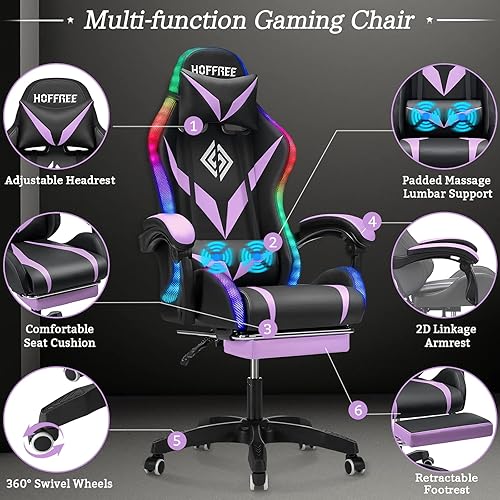 Miniatura 6 de Silla de juegos RGB con masaje y luces LED, silla de computadora ergonómica con reposapiés, silla reclinable de respaldo alto para videojuegos para