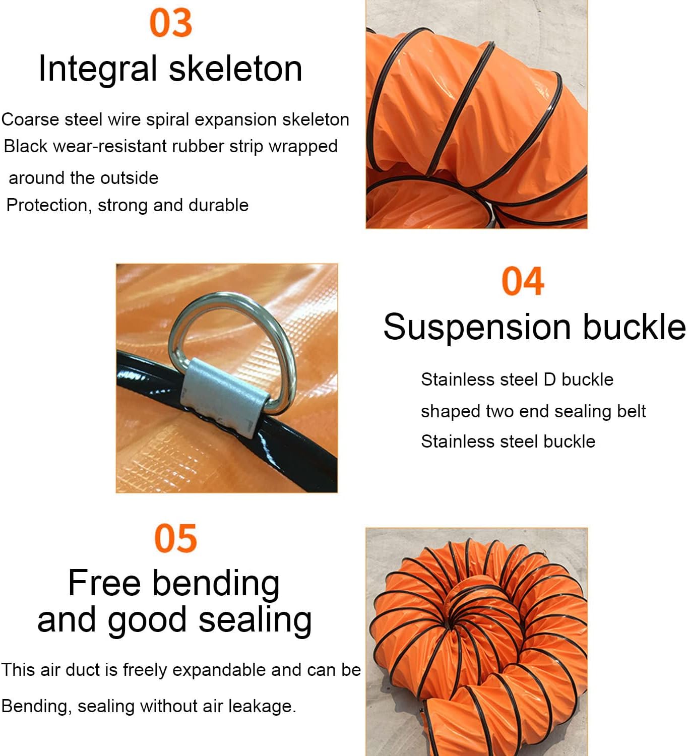 Ducting Hose PVC Flexible Duct Hosing with Steel Support Coils and S Hook Utility Blower, Adjustable Rope and D-Ring, for Utility Blower Exhaust Fan,10M-25CM
