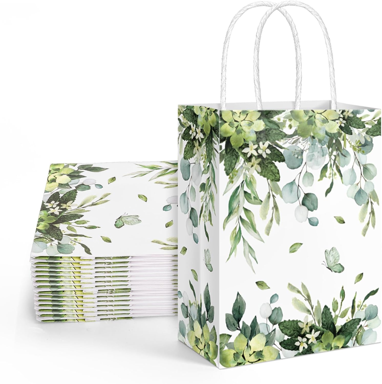 FYSUIMU 16 Pcs Eucalyptus Paper Gift Bags Succulent Greenery Leaves Party Favor Bags with Handle Watercolor Botanical Goodie Candy Treat Bag for Spring Wedding Birthday Bridal Shower