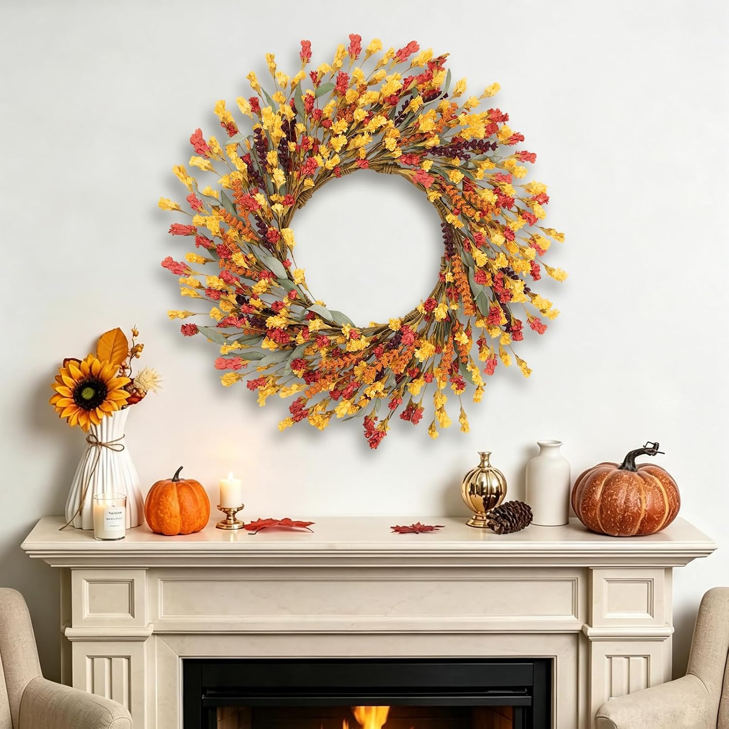24in Fall Wreath, All Season Floral Wreath with Red Orange Yellow Paper Flowers & Soft PE Leaves, Handmade Rustic Harvest Wreath for Front Door Porch Wall Indoor Outdoor Thanksgiving Home Decor