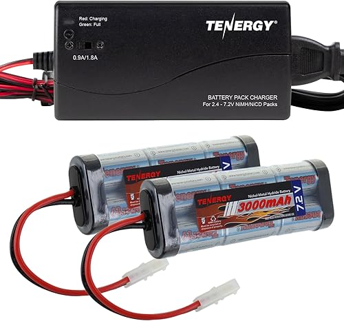 Tenergy Paquete de 2 baterías NiMH planas de 7.2 V 3000 mAh con cargador inteligente para coches RC, aviones RC