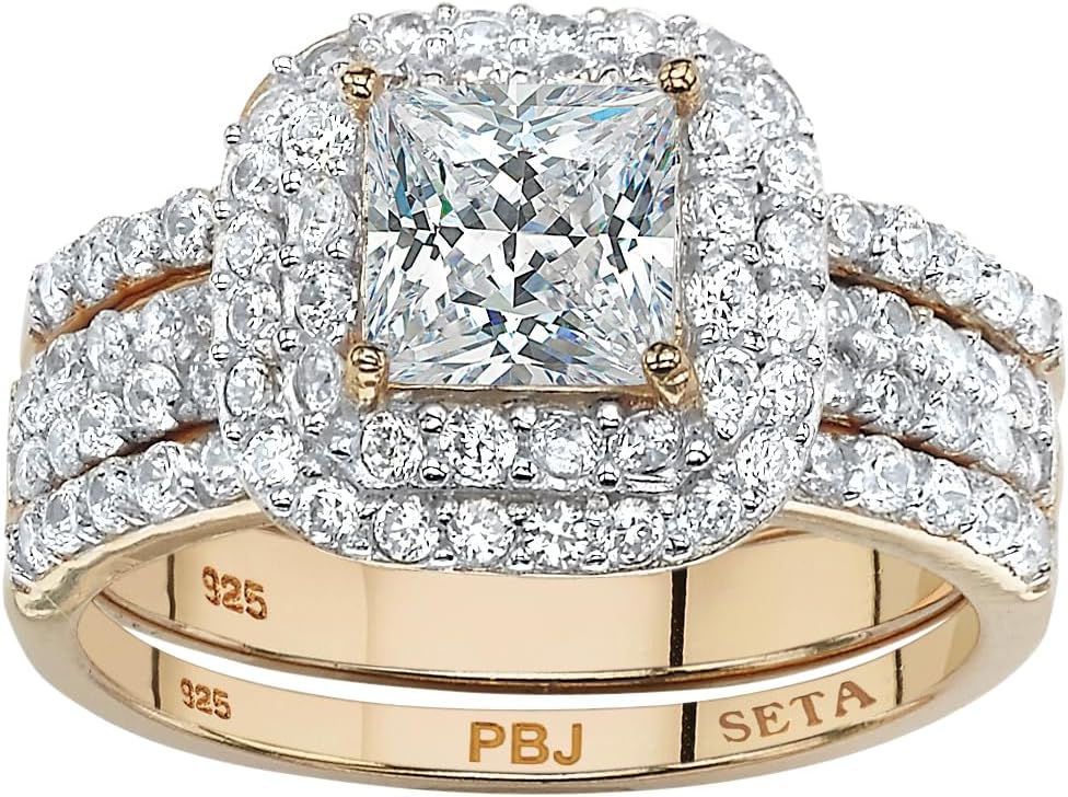 PalmBeach Yellow Gold-plated Sterling Silver Princess Cut Cubic Zirconia Halo Bridal Ring Set Sizes 6-10