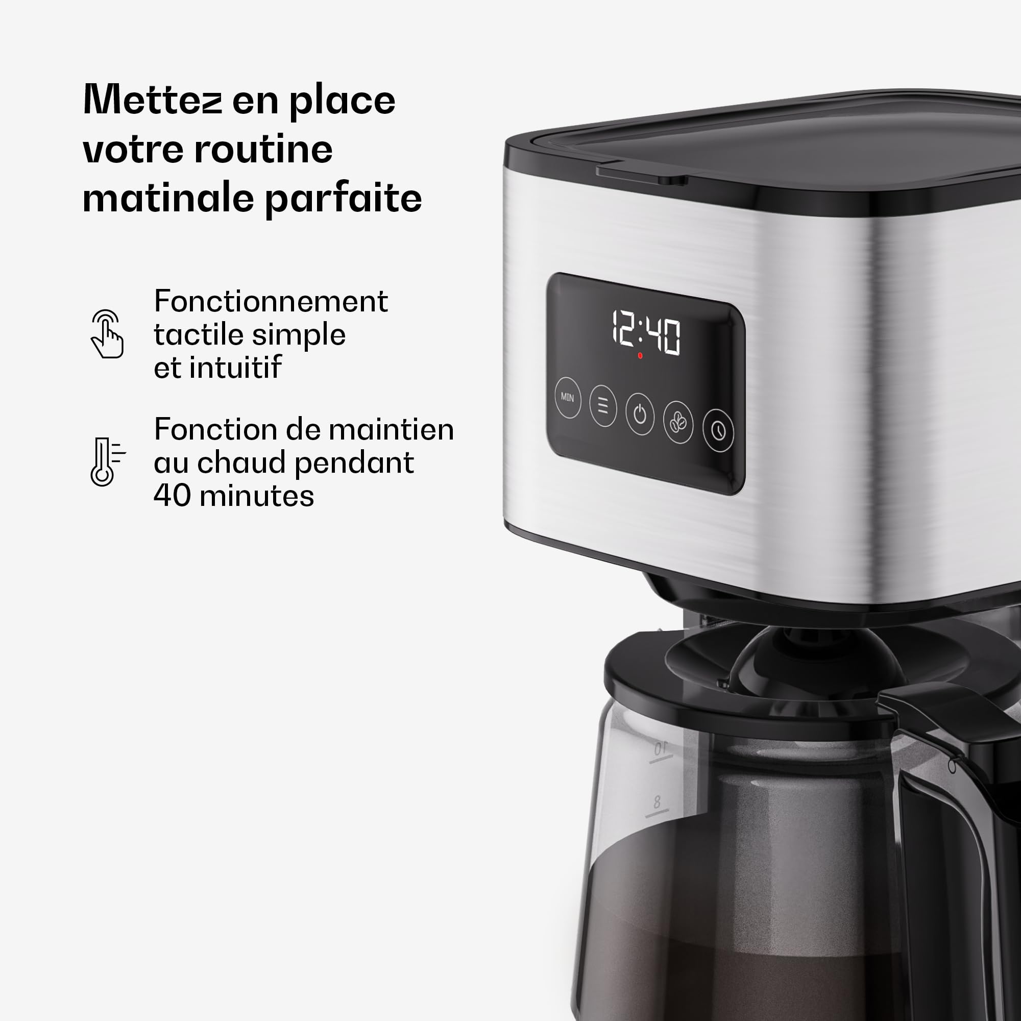 KLARSTEIN Verosteel Cafetière filtre - Cafetière en acier inoxydable, 1,5 L (jusqu'à 12 tasses), écran LCD, maintien au chaud 40 min, système anti-gouttes, arrêt automatique