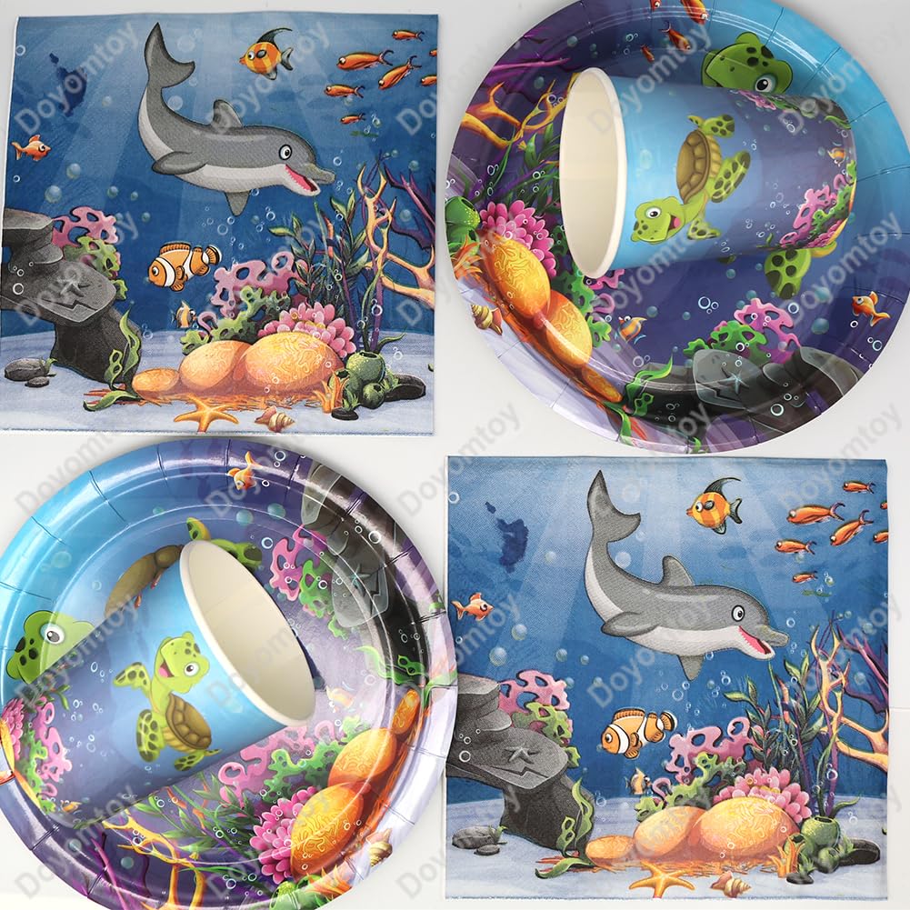 Doyomtoy Stoviglie per Feste Animali Marini, 53 Pezzi Decorazioni Compleanno Ocean Sea, Piatti, Tazze, Tovaglioli per Bambini