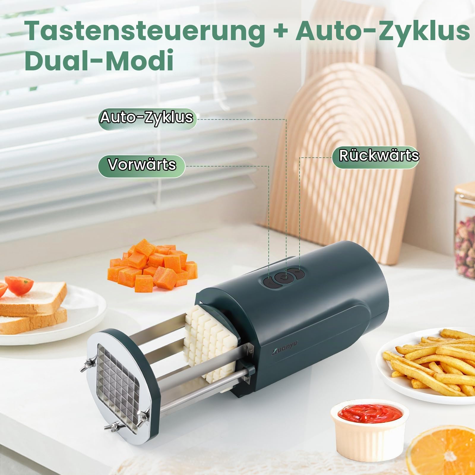 Huanyu Elektrischer Pommes-Frites-Schneider Elektrischer Kartoffelschneider mit 2 Klingengrößen Multifunktionaler elektrischer Gemüseschneider für Kartoffeln, Karotten und Gurken (Grün)