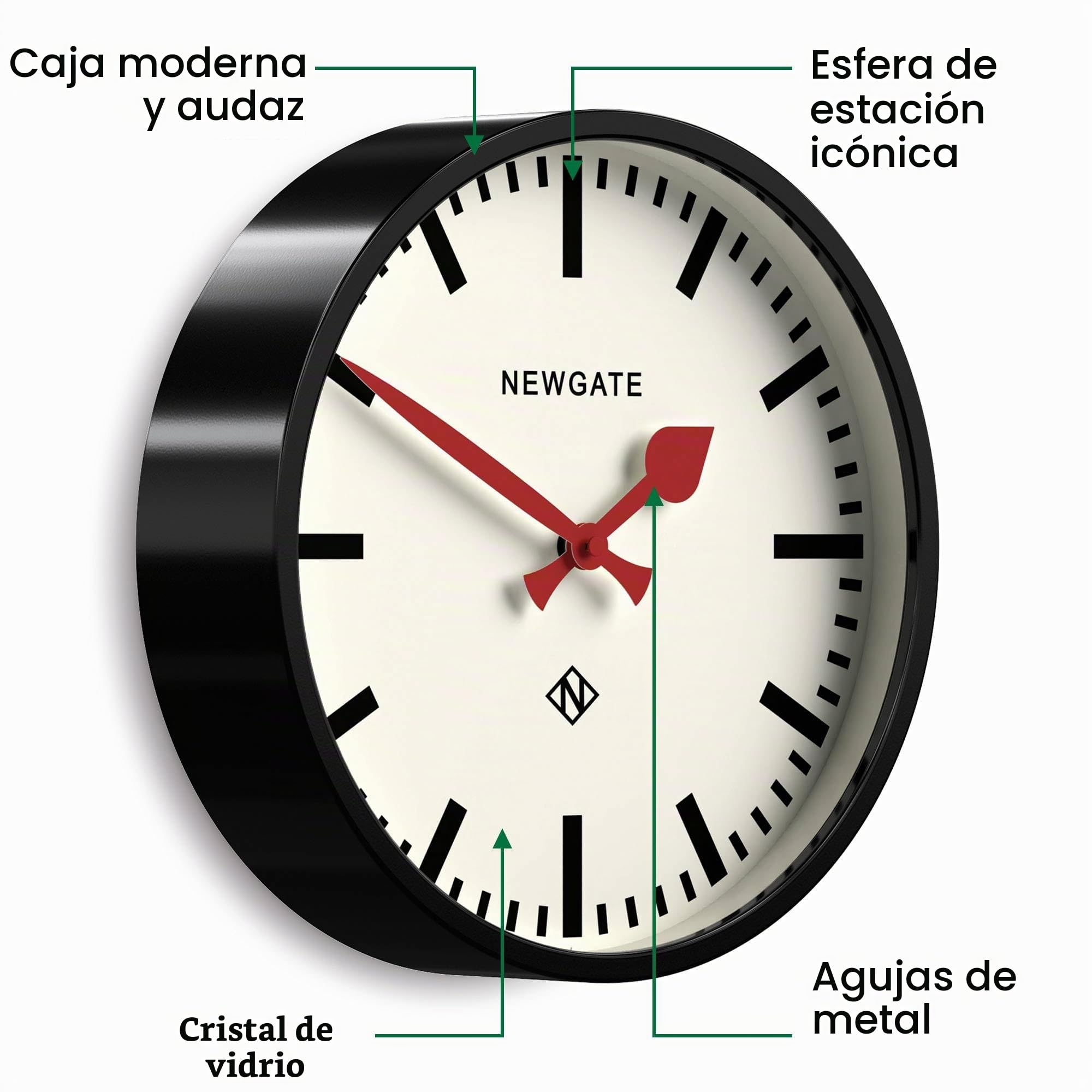 NEWGATE® Luggage Reloj de Pared | Reloj Moderno de estación de Metal Retro | 30cm | Caja metálica Profunda en Negro | Estilo Vintage contemporáneo para Cocina, salón u Oficina