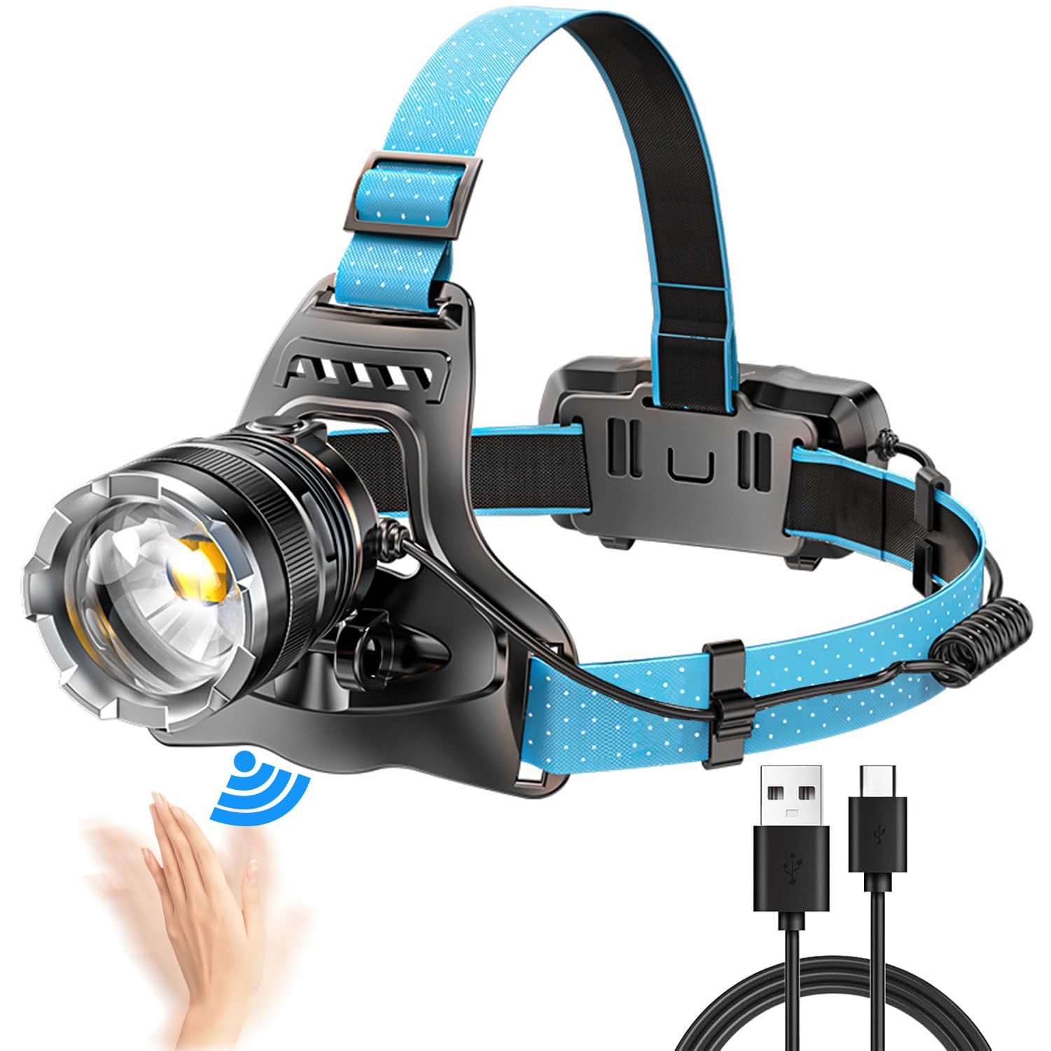 Favuit LED Head Torch, USB Rechargeable Headlamp Super Bright Headlight with Sensor Control 3 Lighting Modes Lightweight Head Lamp Hands-Free Flashlight for Cycling Camping Fishing (Yellow Light)