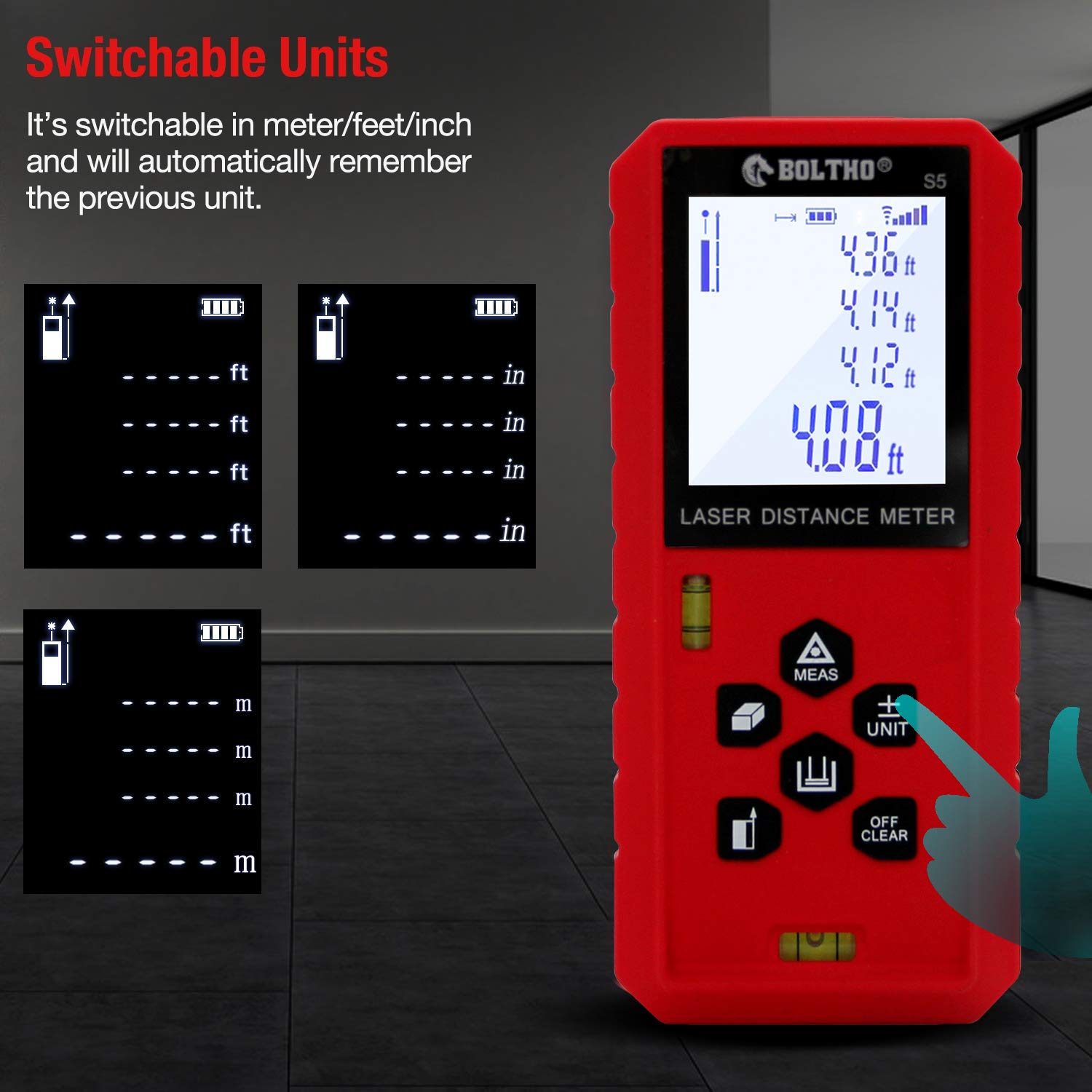 BOLTHO 60M Laser Measure With Electronic Level – 196ft Range, ±1.5mm Accuracy, Backlit LCD
