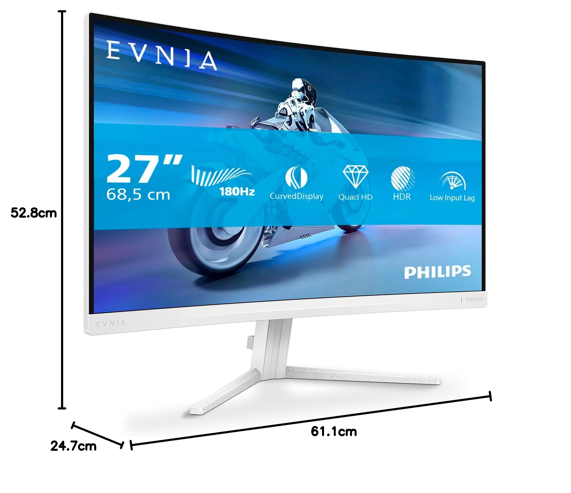 Philips Gaming Monitor 27M2C5501 27 pollici, Curvo, 2560x1440, WQHD, 180Hz, Fast VA Panel, 0.5ms MPRT, , (HDMI2x 2.0 DP 1x 1.4) Adaptive Sync, HDR10, FreeSync Premium, Bianco