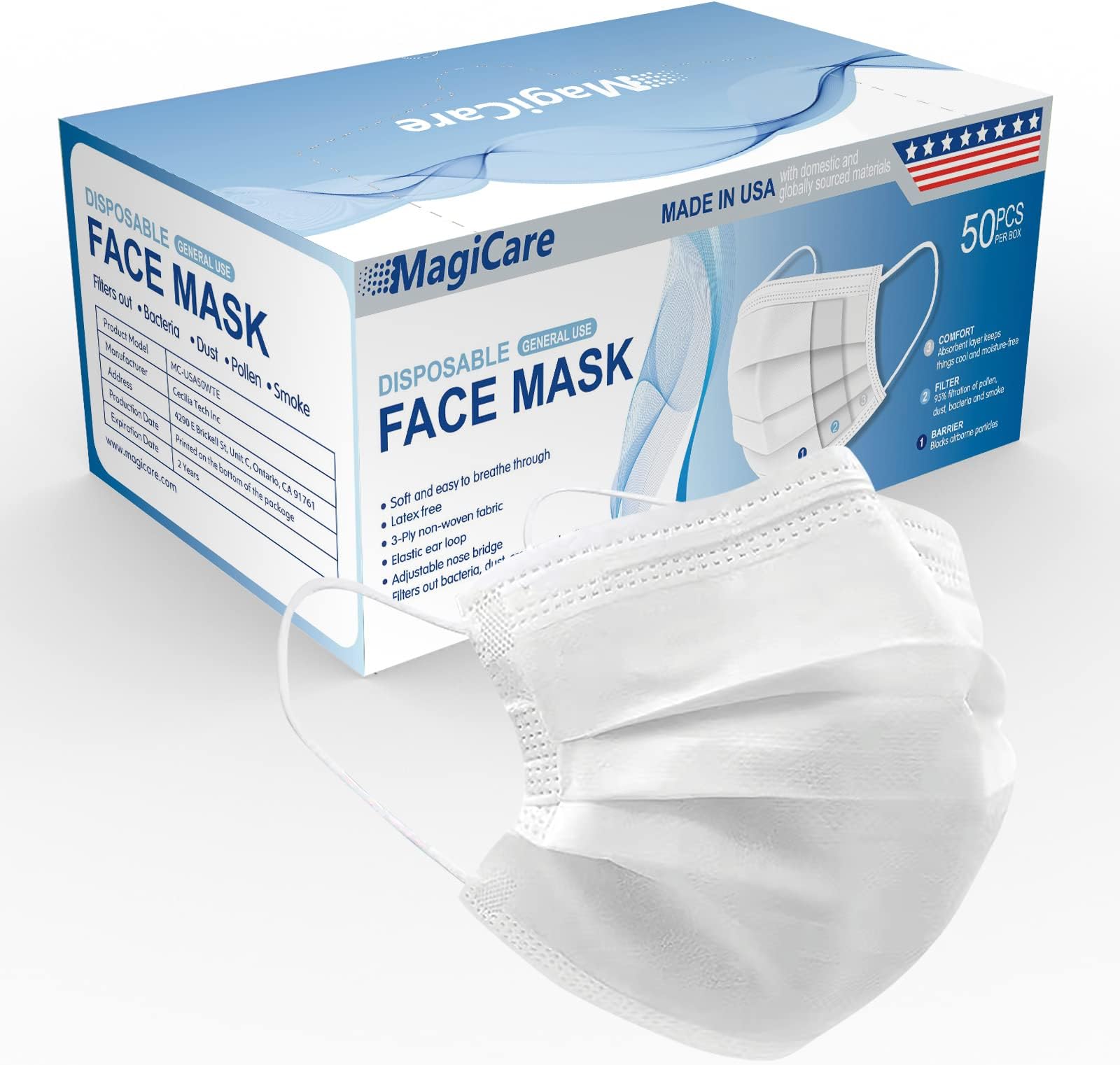 MAGICARE Made in USA Masks - White Face Masks Disposable - Premium 3 Ply Face Mask for Adults - Comfortable, Soft, Breathable - White Face Masks Disposable Made in USA - 50ct Box