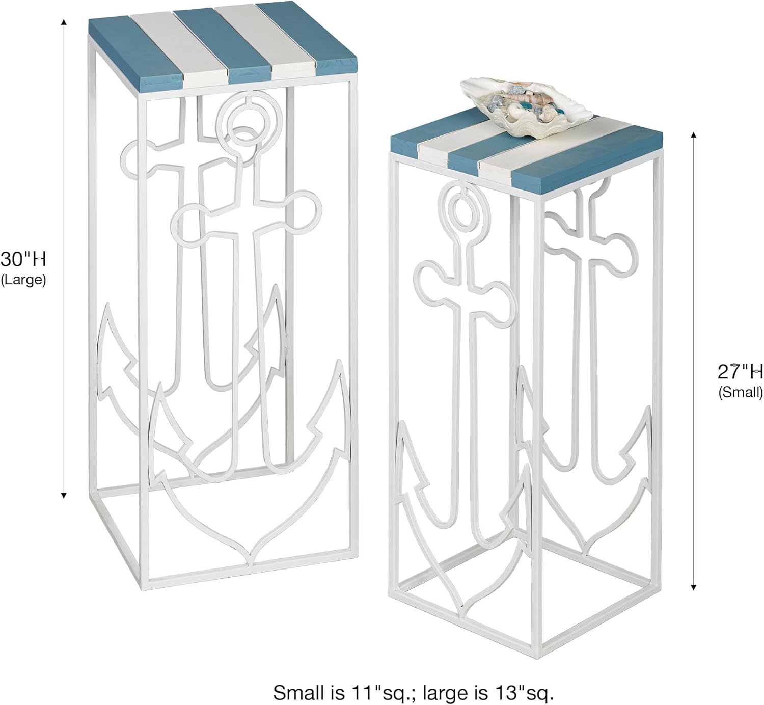 Nautical Anchor Slat Wood and Metal Nesting Table Set of 2, 27 and 30 Inches High | Coastal Style Accents | Openwork Frame