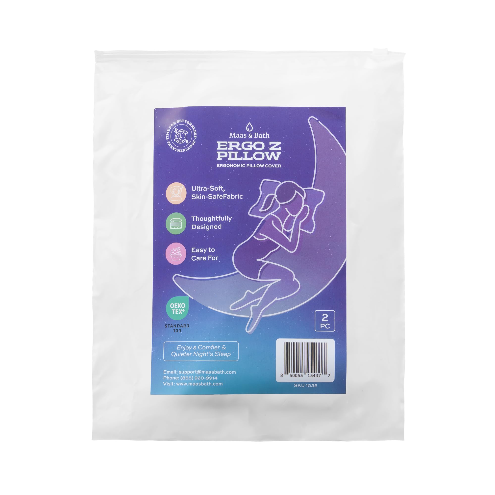 Maas & Bath Ergo Z - Funda de almohada transpirable de alta calidad para un sueño de calidad, fabricada con tela de algodón lavable a máquina, no se pela, cremallera oculta fácil de abrir, no tóxica e