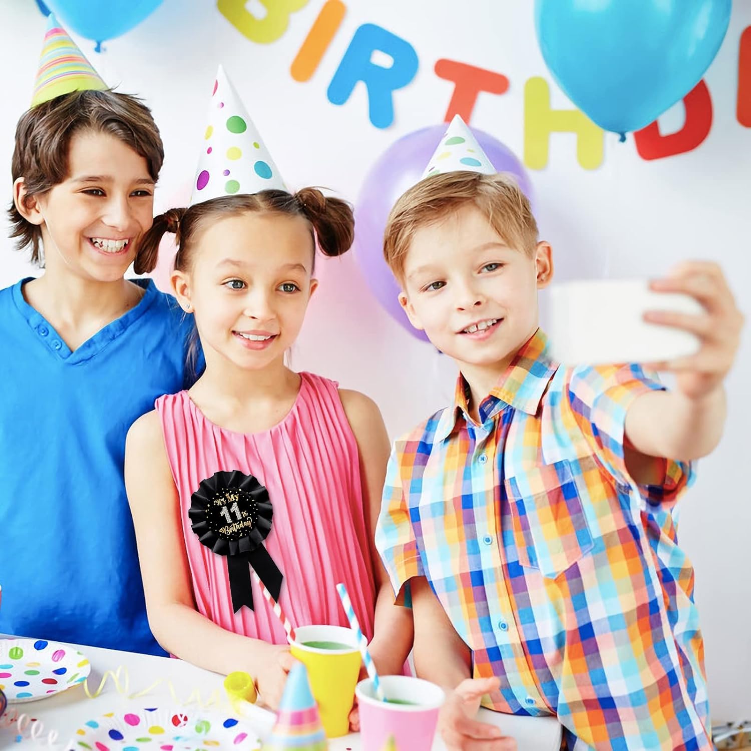 Black It's My 11th Birthday Tinplate Badge Pin, Happy 11th Birthday Boys and Girls Award Ribbon Party Decorations Sign