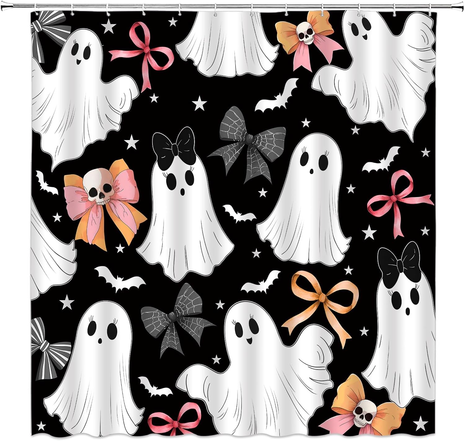 Halloween Ghost Extra Long Shower Curtain,Spooky Cute Festival Gothic Decor for Bathroom,Bow Skull Bat Funny White Black Fabric Curtain with Hooks,70x84 Inch