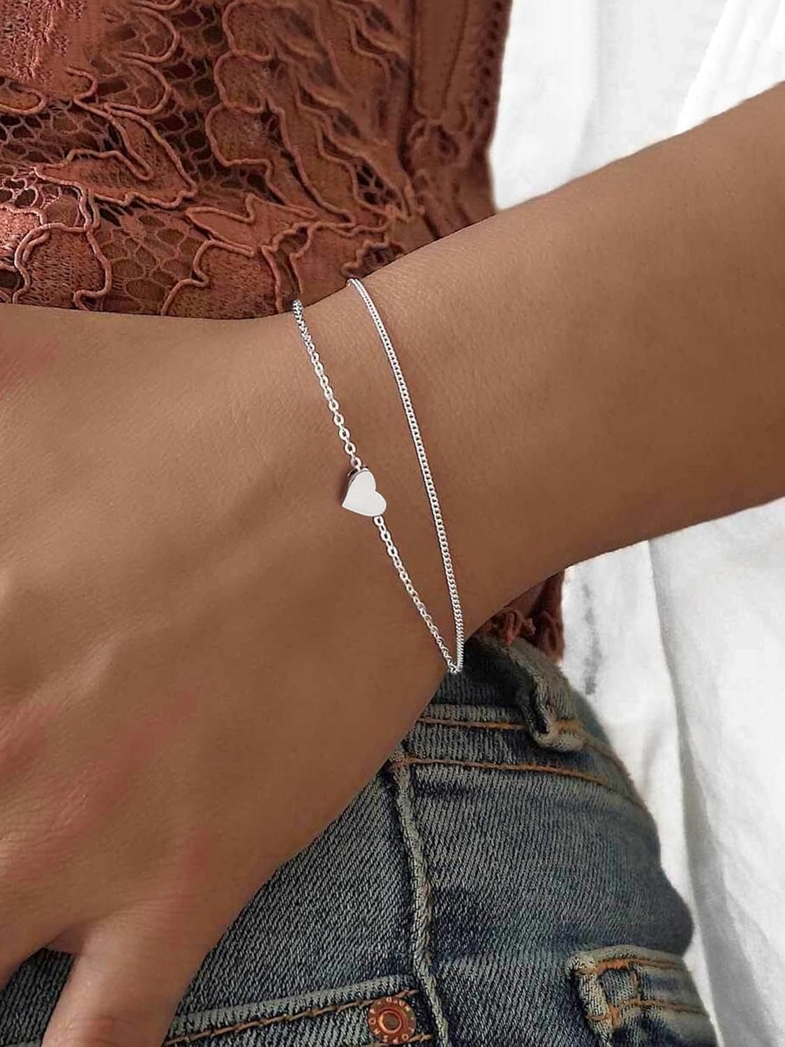 ChicSilver Personalized Tiny Heart/Star/Moon/Dot/Lotus Bracelet, Sterling Silver Dainty Link Chain Bracelet for Women Silver/Gold Plated/Rose Gold Plated