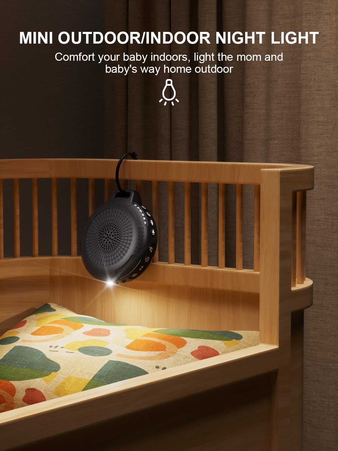 PPLEE CR1021 White Noise Machine with its night light feature active, hanging on a crib.
