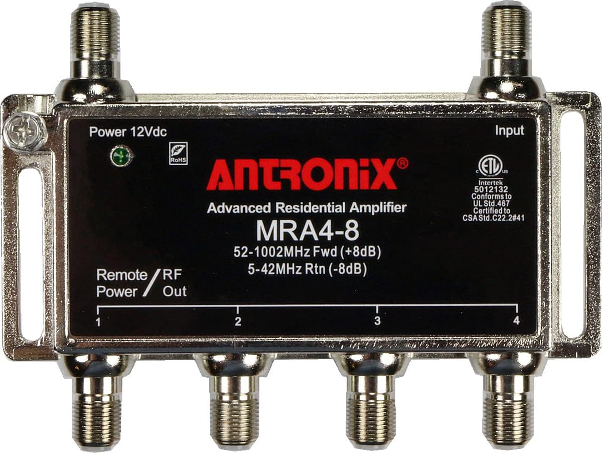 Antronix MRA4-8 Reliable Cable 4-Port TV/Antenna/HDTV/Internet Digital Signal Amplifier/Booster/Splitter with Passive Return, Black Coax Power Cable, F59 Terminators