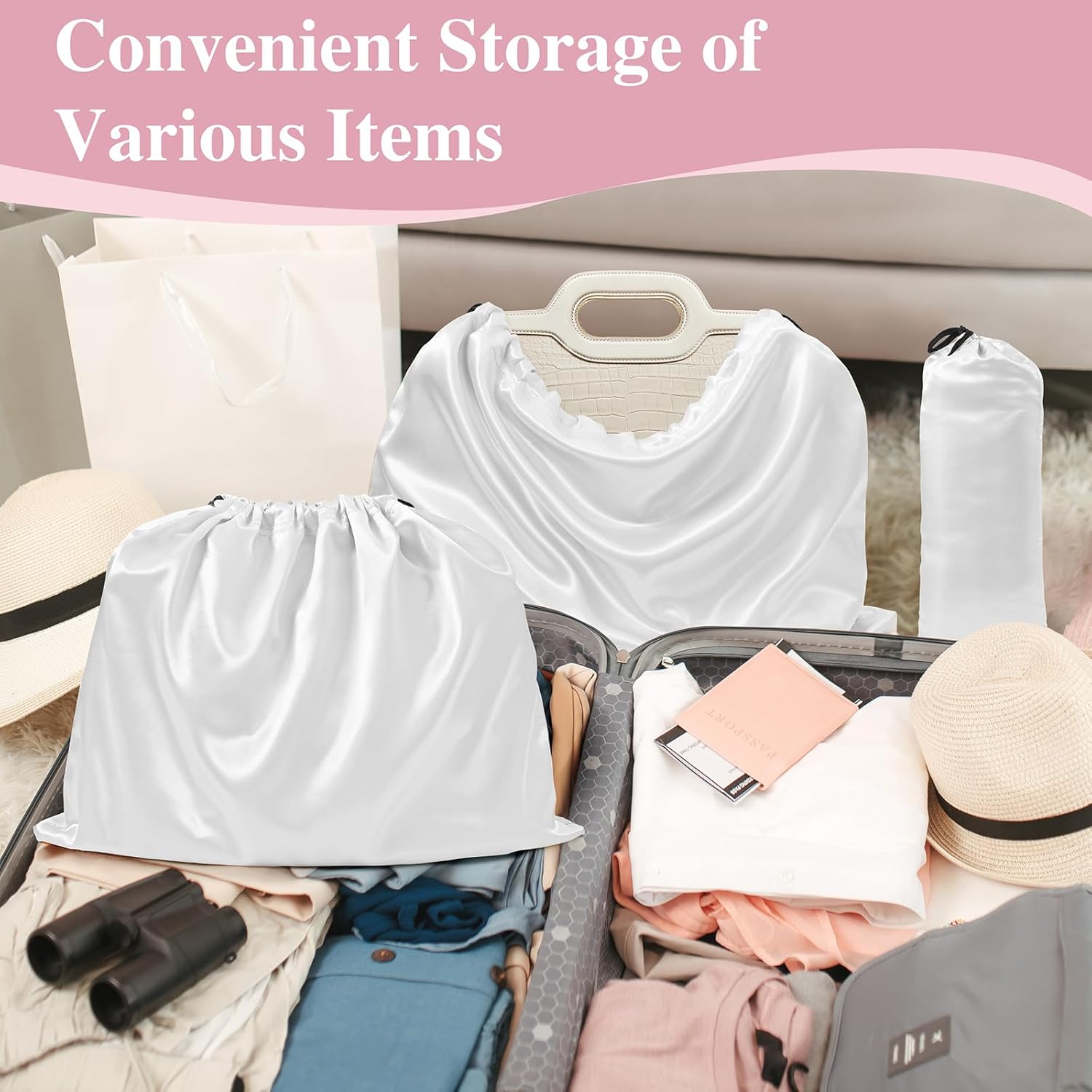 Ersmak 6 Pack Dust Bags for Handbags - Ivory White Silk Dust Cover Bag for Purses Shoes - Satin Drawstring Dustproof Bags for Travel Storage - 23.6 x 19.7 In - Image 5