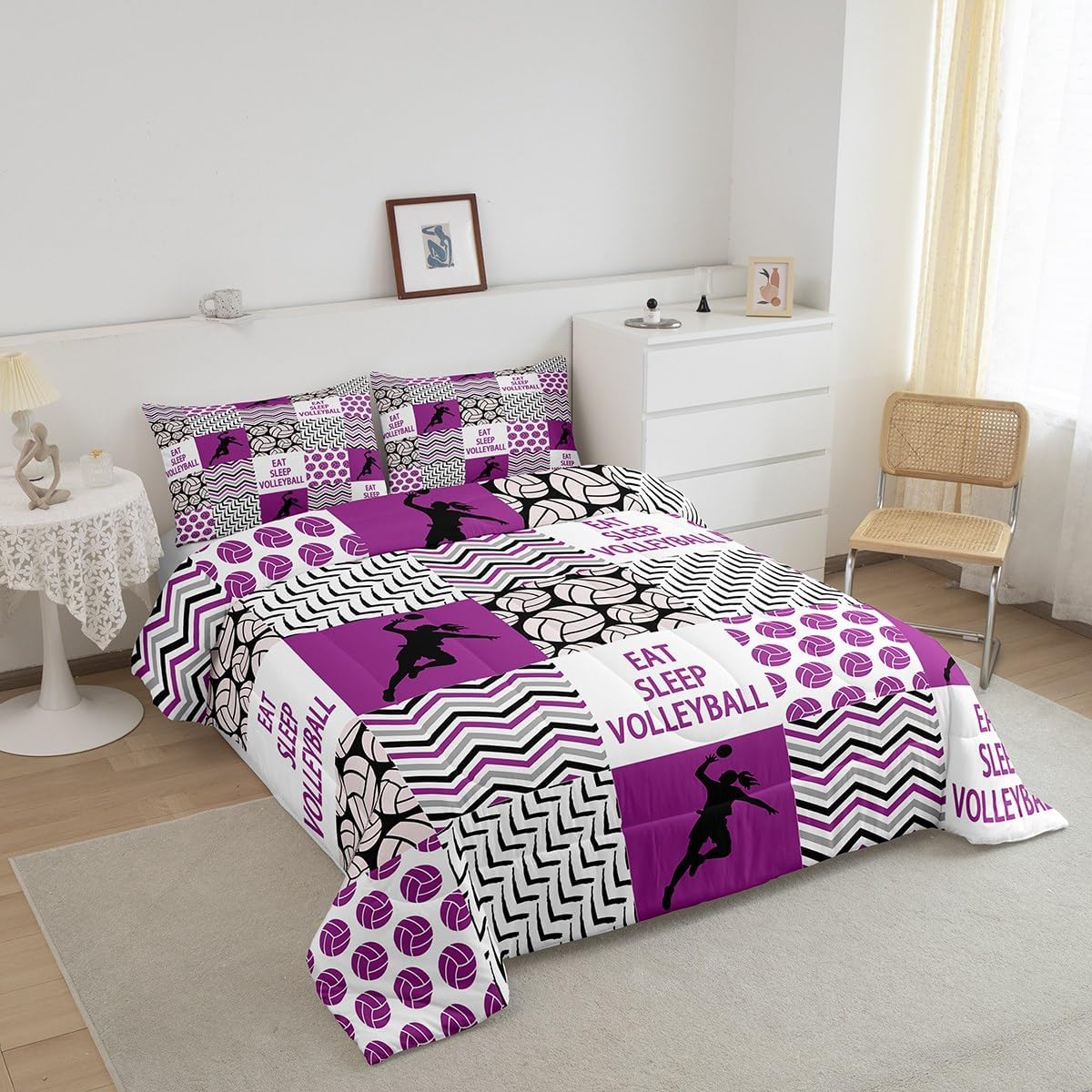 Feelyou Volleyball Comforter Twin Size with 1 Pillow Case Girls Volleyball Comforter Set Sport Game Bedding Set Ball Purple Quilted Duvet Set for Boys Girls Kids Adults