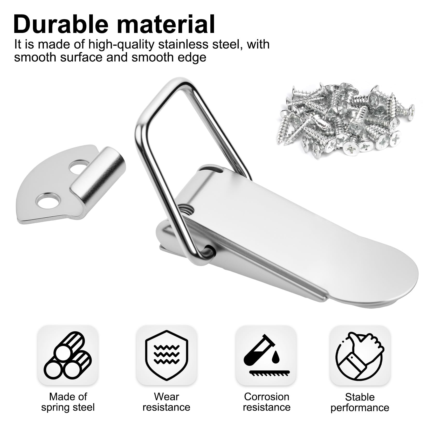 Chiusura a leva a sei pezzi, chiusura a molla in acciaio inox, chiusura a gancio per cassetta degli attrezzi, adatta per porte, finestre e armadi, chiusura a leva a molla, argento.