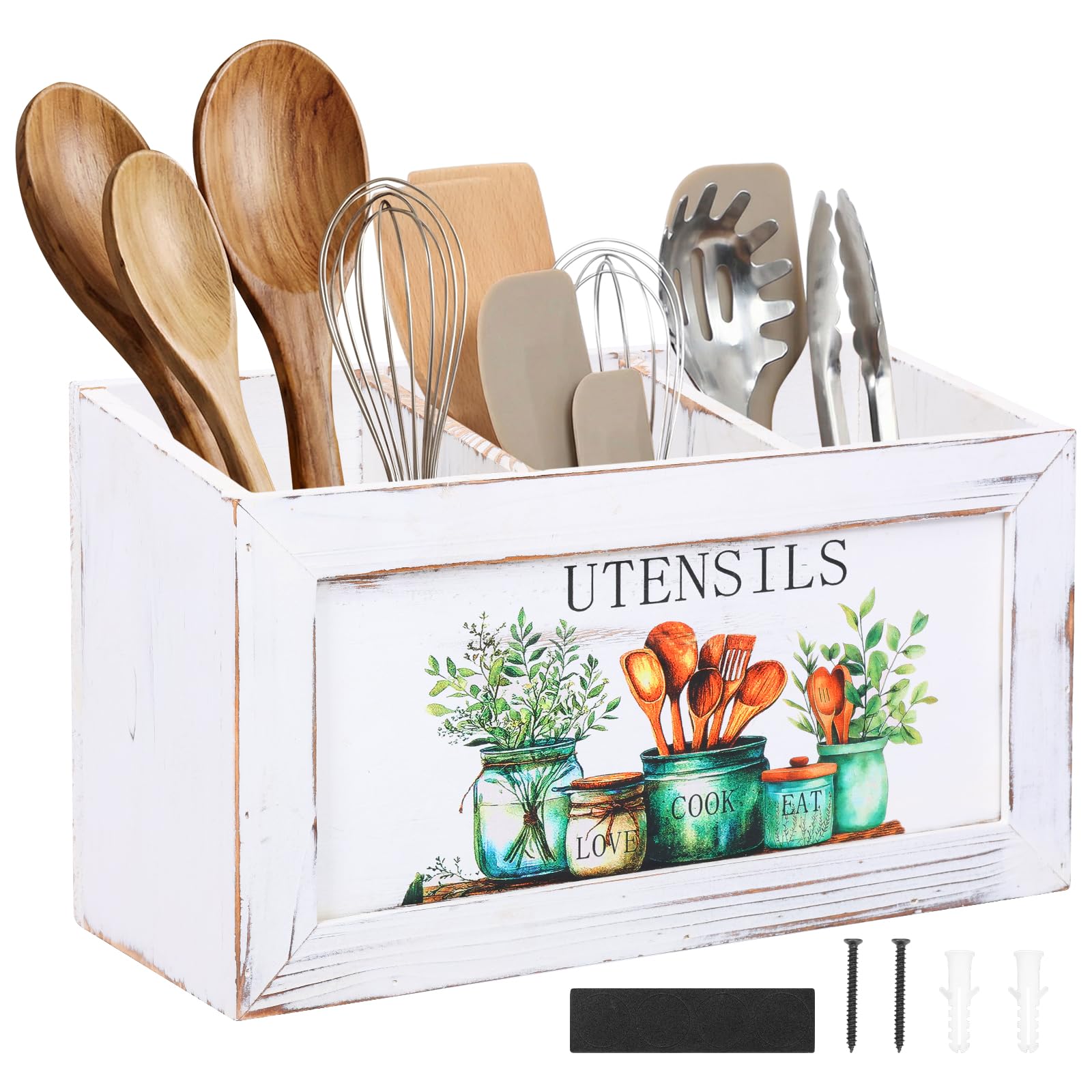 Kuanght White Wooden Utensils Holder, Kitchen Cooking Utensil Organizer With 3 Compartments And Nonslip Pads, Vintage Cooking Tools Storage Cutlery Caddy For Patulas, Tongs, Whisks Forks And Strainers(White)