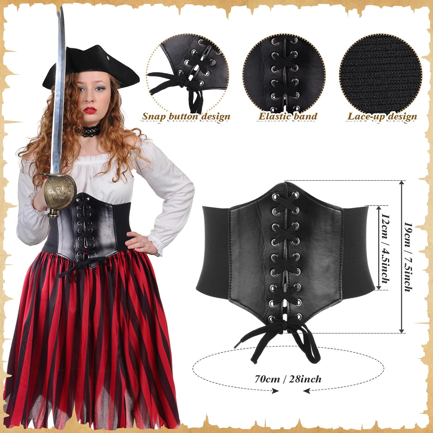 Newcotte Pirate Costume Women Adult Renaissance Blouse Top Corset Waist Belt Pirate Skirt Medieval Womens Outfit Halloween