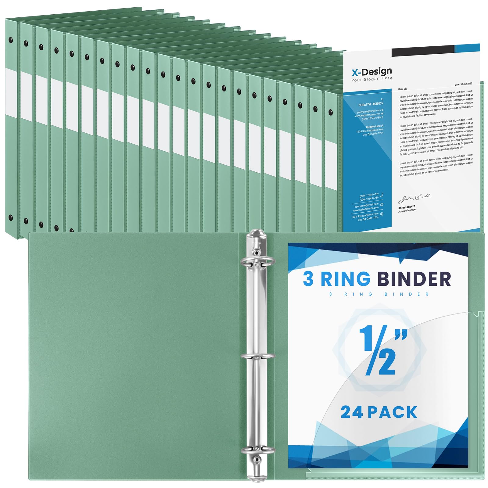 Henoyso 24 Pack 1/2 Inch 3 Ring Binder with Clear Cover Fit Letter Size 8.5" x 11" Paper Holds 140 Sheets, Bulk Binders for Organizing School, Office &amp; Classroom Documents, 1 Pocket (Sage Green)