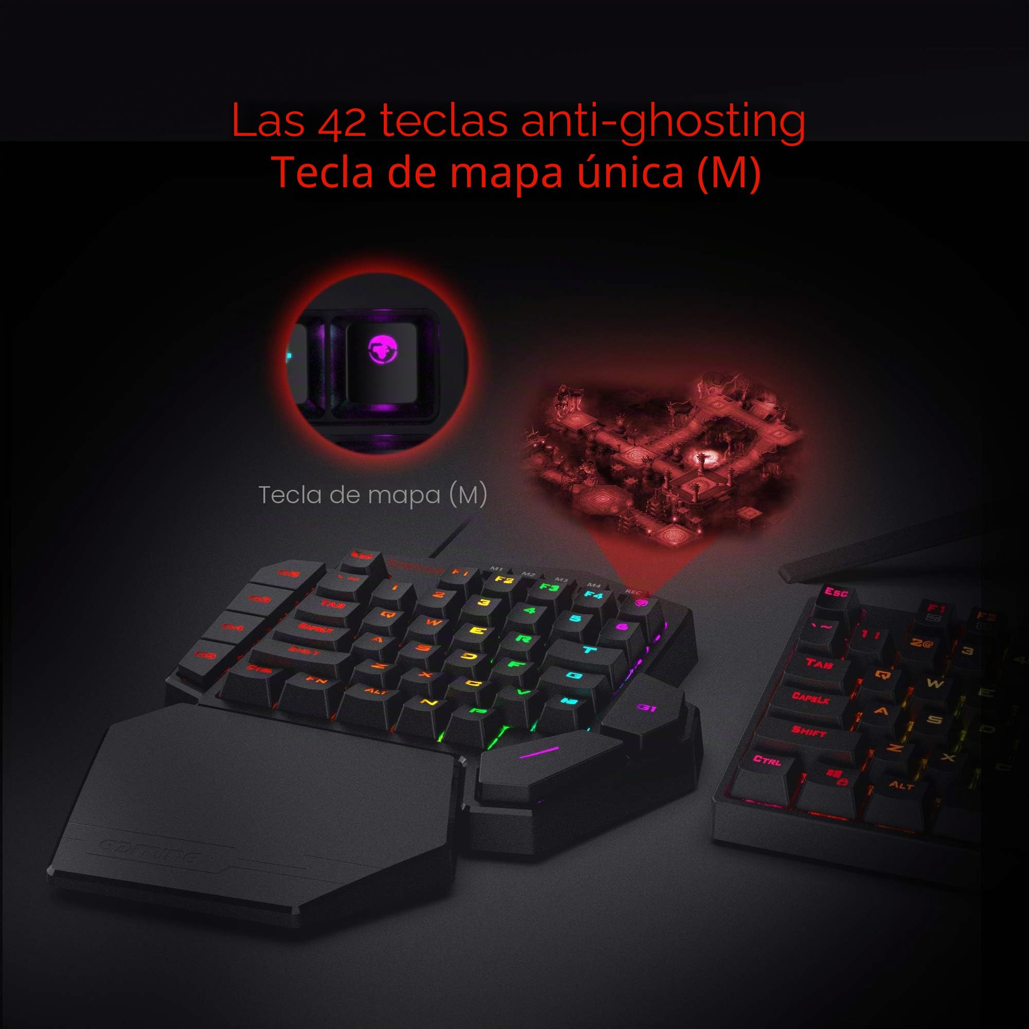 Redragon K585 DITI Clavier de Jeu mécanique RGB à UNE Main, Clavier de Jeu Professionnel Filaire de Type C Avec 7 Touches Macro intégrées, Repose-Poignet détachable, 42 Touches, US Layout