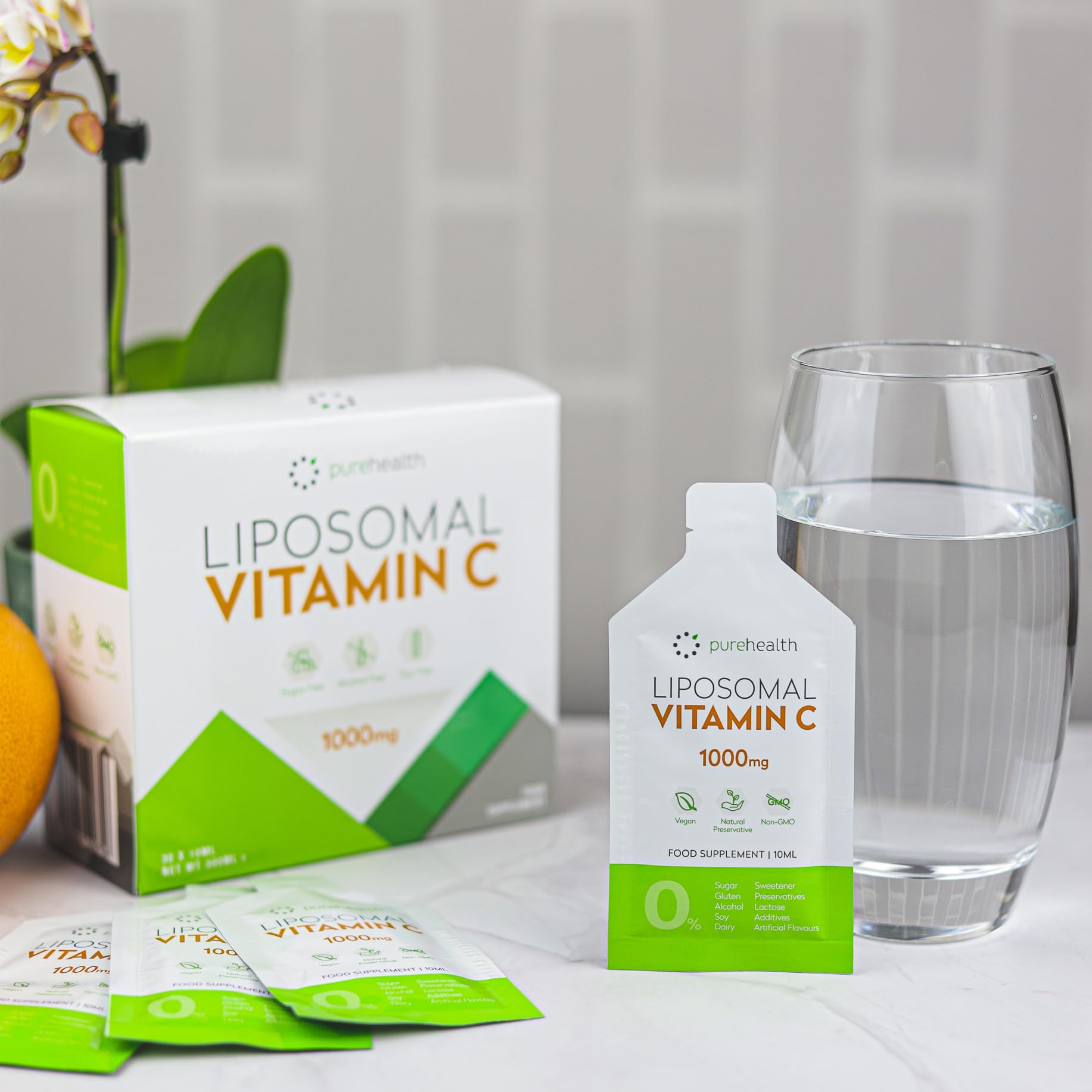 La vitamina C liposomiale più pura e più biodisponibile: Alto Dosaggio 1000mg, 30 bustine per uso quotidiano. Senza dolcificante, senza soia, tutti ingredienti naturali.