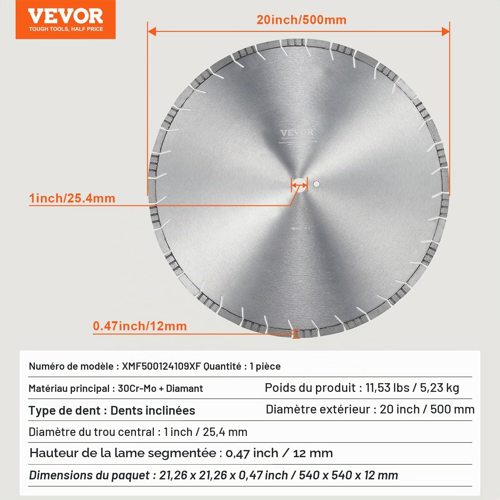 VEVOR Disque à Tronçonner Diamanté 500 mm, Disque Diamant Humide ou Sèche, Lame de Scie à Béton avec Dents Inclinées de 12 mm, Diamètre du Trou Central Universel 25,4 mm, pour Béton, Carrelage, Brique