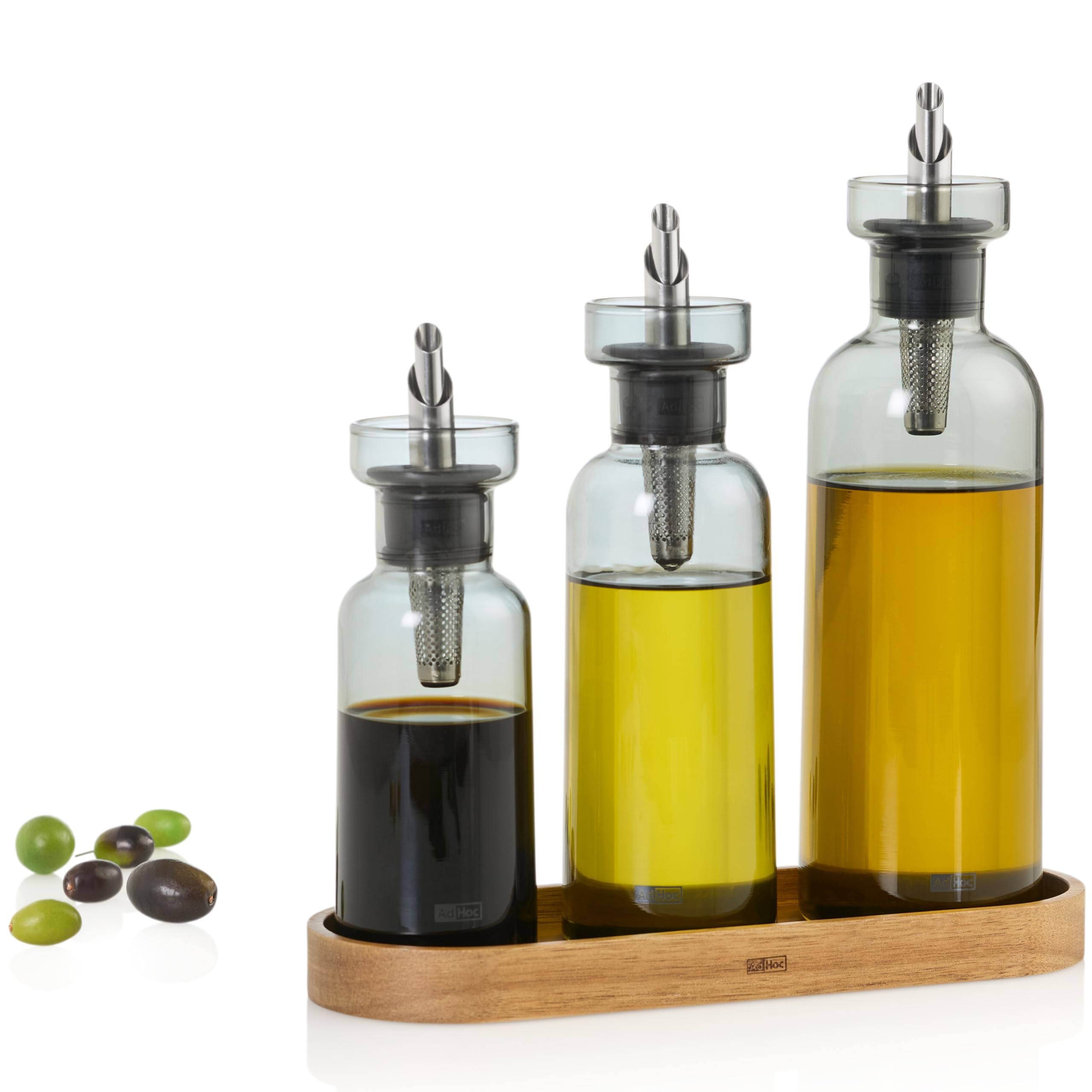 AdHoc AromaPour - Set di 2 bottiglie per olio e aceto, in vetro grigio, 300 ml, dispenser filtrato antigoccia, per olio e aceto, lavabile in lavastoviglie