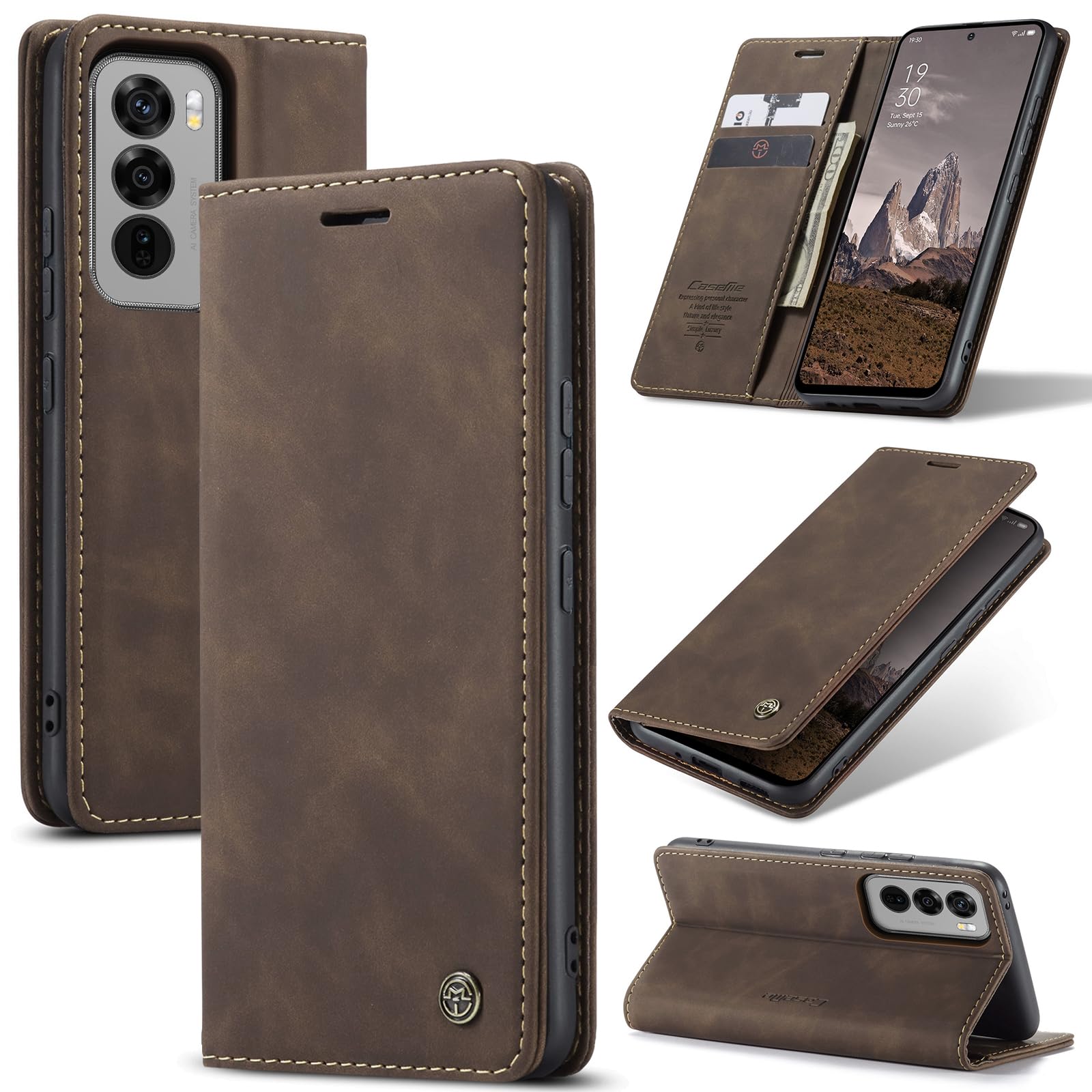 Cracedily Handyhülle für Oppo Reno12 5G Hülle, Klapphülle Premium Lederhülle Klappbar Flip Case Tasche Magnet Kartenfach Standfunktion Klapphülle Schutzhülle für Oppo Reno 12 5G, Kaffee