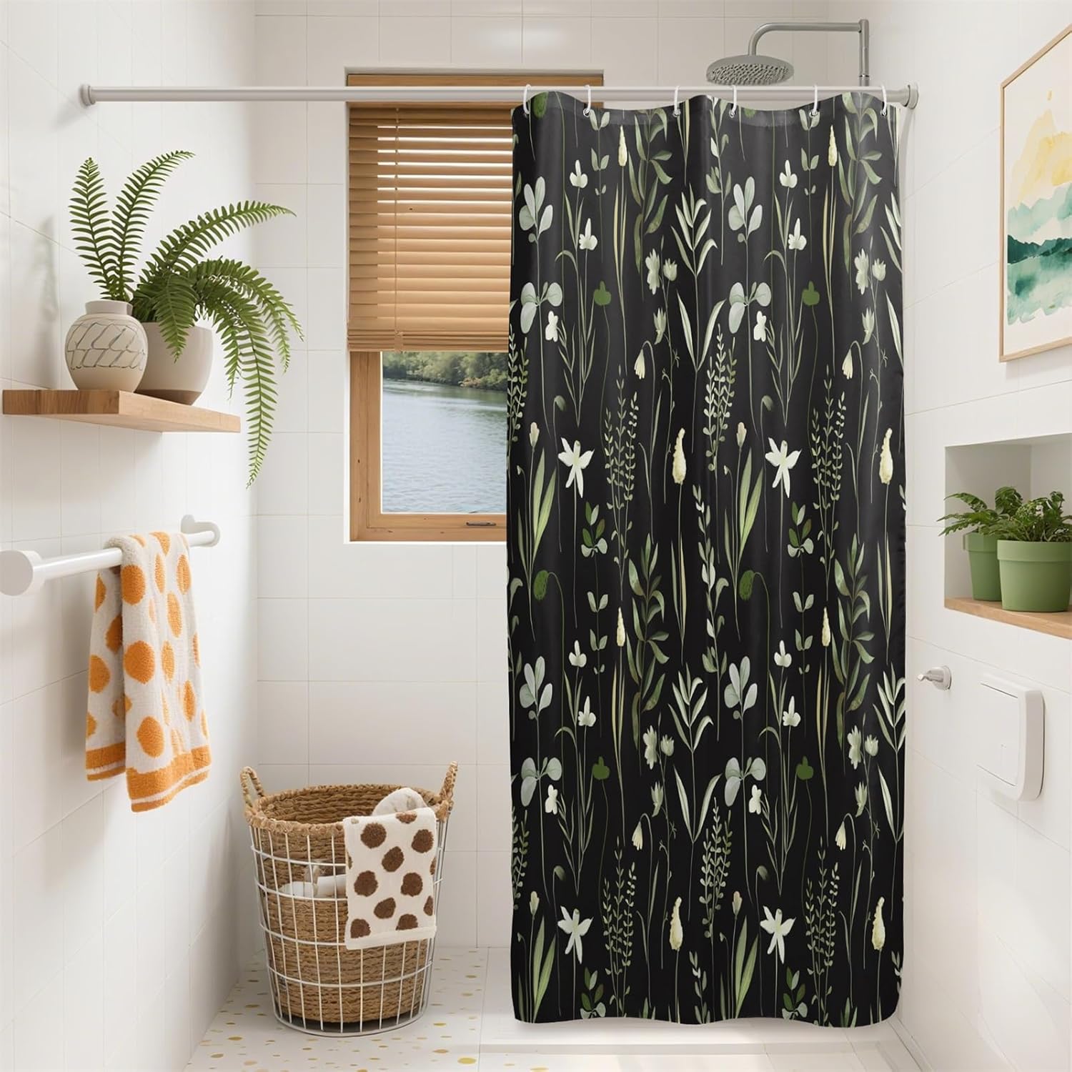 Herbaceous Plant Shower Curtain, Green Plants Herb Floral Bathroom Curtain, Black Botanical Shower Curtain Set with 6 Hooks for Bathroom, 36Wx72L inch 36"W x 72"L (Pack of 1) Black