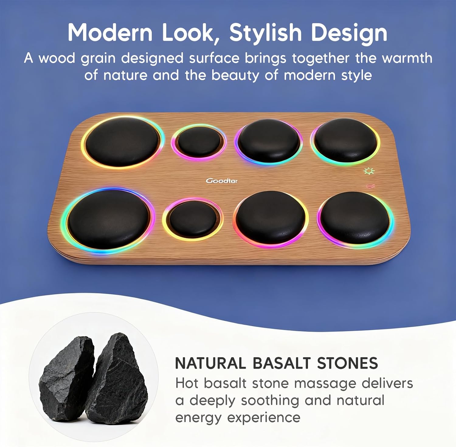 8PCS Hot Stone Massage Set with Warmer –Basalt Stones Massager for Deep Tissue Pain Relief & Muscle Relaxation, Home Spa Kit with Soothing Ambient Light – Valentine's Day & Birthday Gift