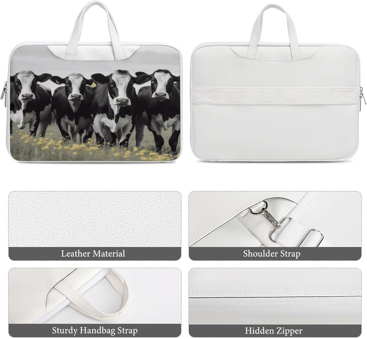 Black White Cows 42x30.5cm White-style Laptop Bag Leather Tablet Computer Briefcase Large Capacity Work Business Tote Bags for Office