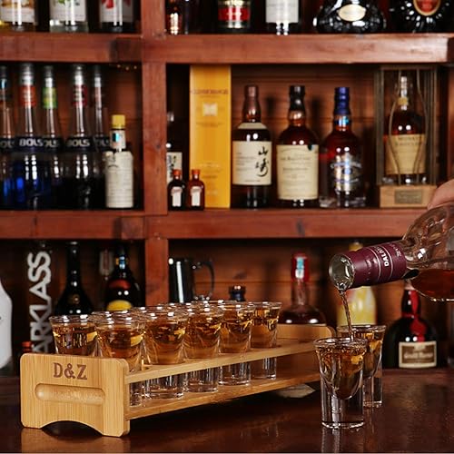 Miniatura 2 de D&Z Juego de soporte para chupitos con 12 vasos de chupito transparentes de base gruesa, estante de madera de bambú para chupitos de tequila,