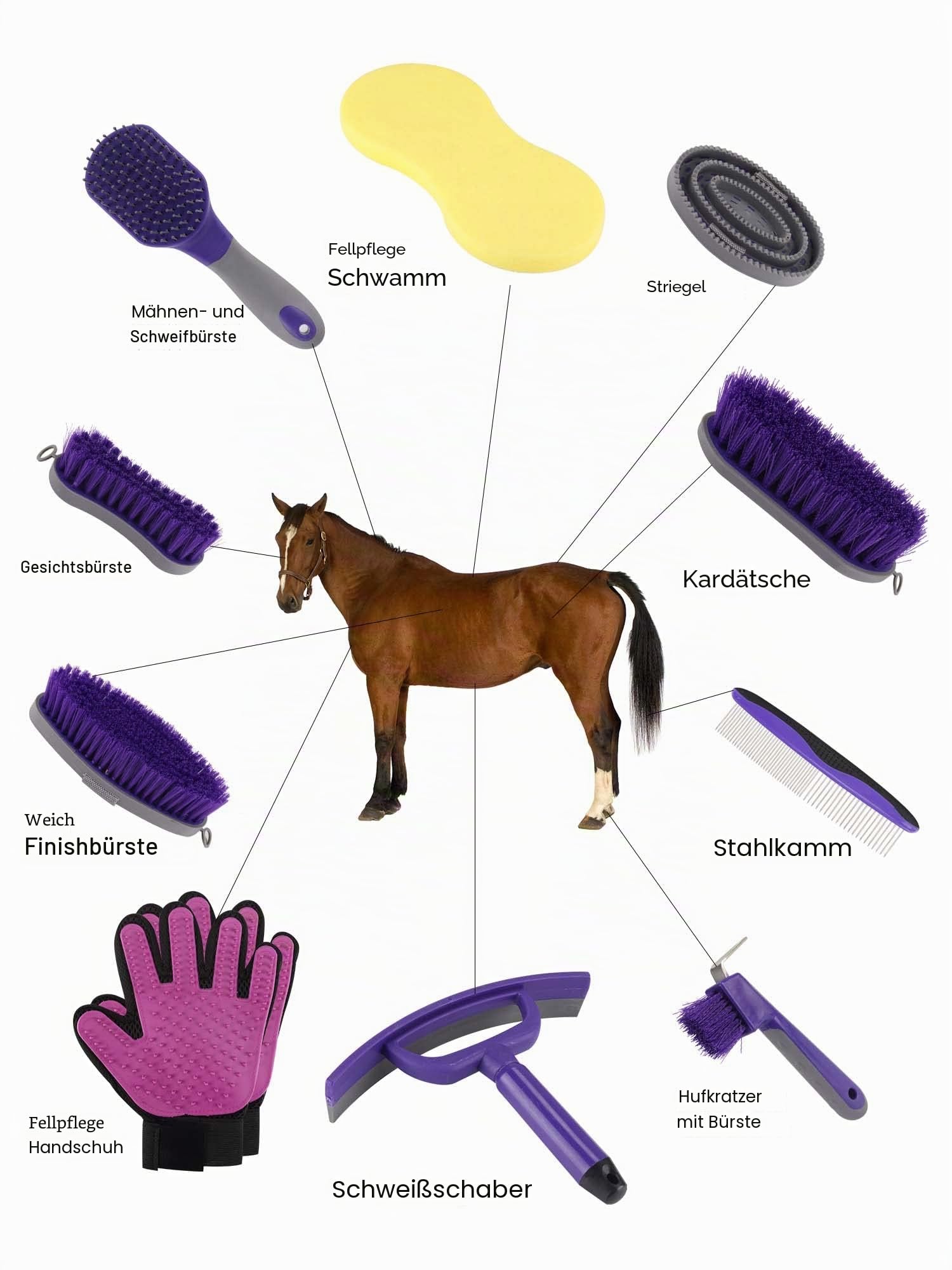 Pferdepflegeset (13-teilig): Bürsten, Aufbewahrungstasche, Schweißschaber, Mähnenkamm, Fellpflege-Handschuhe – Lila Pferde-Geschenke für Mädchen