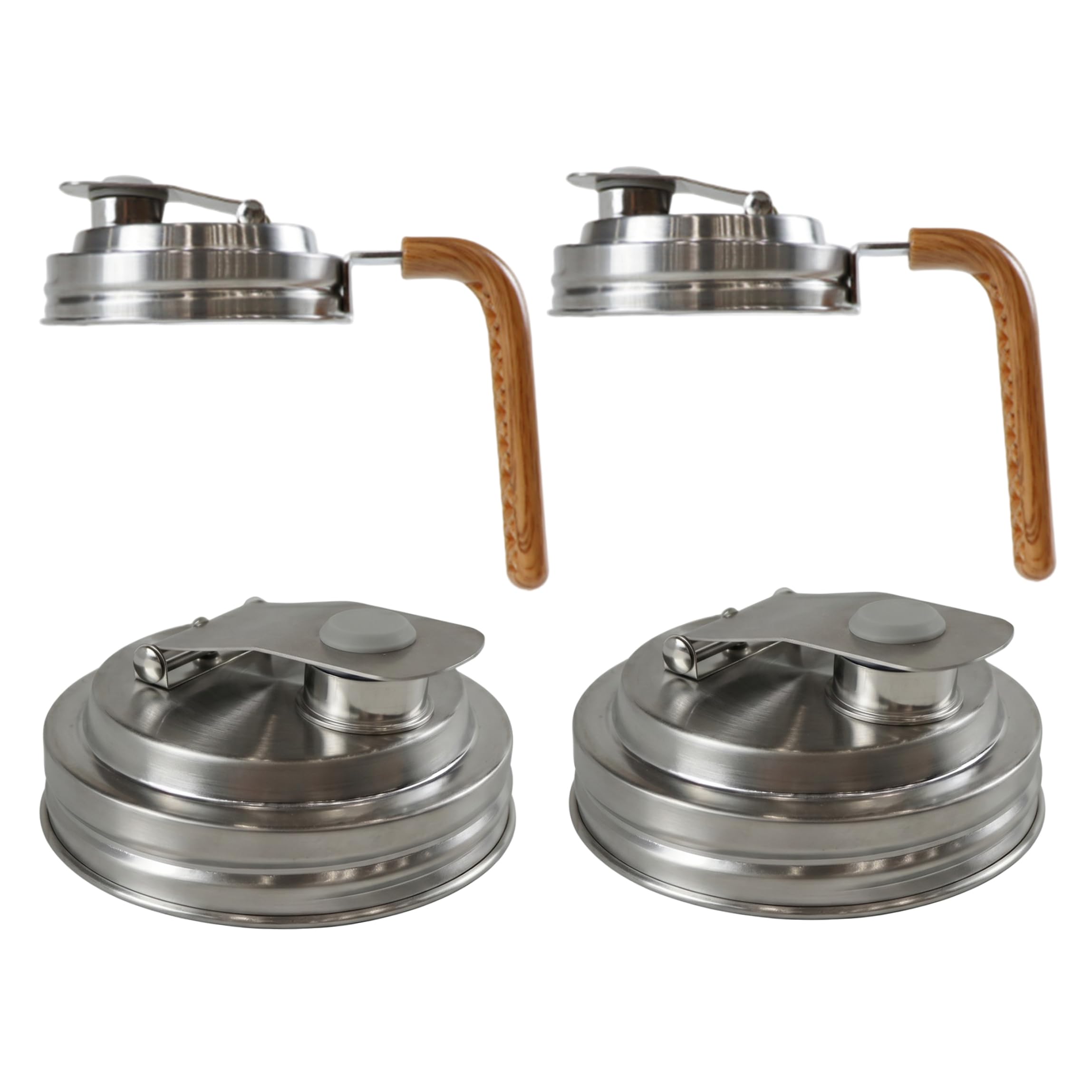 Xdyyjrasa Mason Jar Pour Spout Lid - 4Pcs Wide Mouth Stainless Steel Pitcher Lid with Filter & Flip Lock, 3.39inch (2 Wood Handle & 2 No Handle)