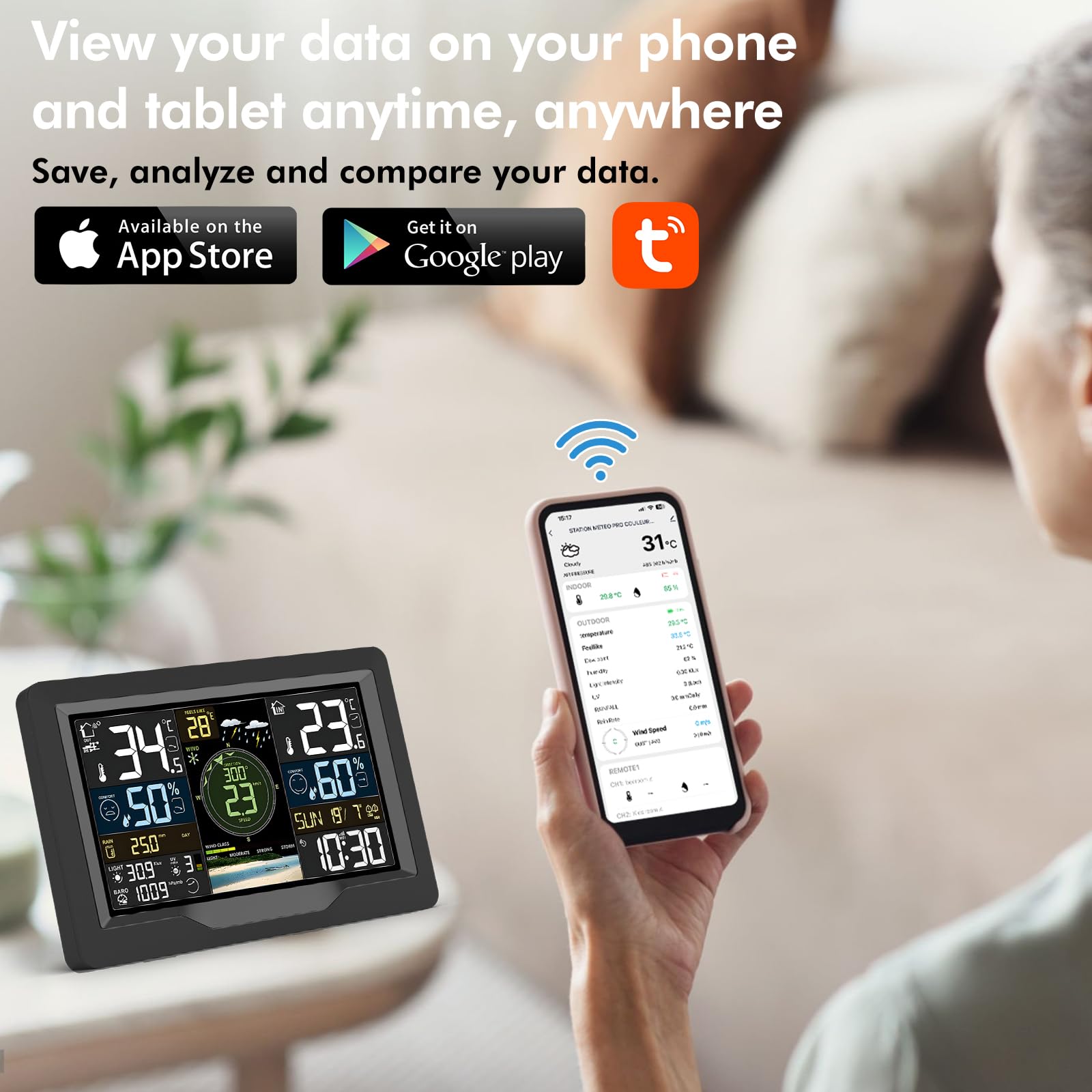 jely Stacja pogodowa z aplikacją WiFi, radiowa stacja pogodowa z czujnikiem zewnętrznym, termometrem, higrometrem, radiową stacją pogodową z wiatromierzem, deszczomierzem, temperaturą, wilgotnością