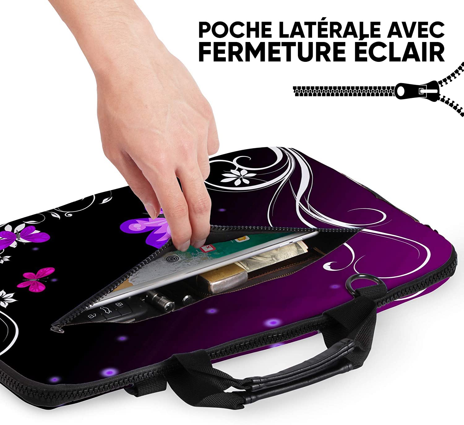 Sidorenko Sacoche Ordinateur 17 Pouces Femme, Housse PC Portable 17.3 Pouces avec Bandoulière et Poignée - Sac Ordinateur Rembourrée à Poche Avant Zippée - Motif Papillon Fleuri Rose et Noir